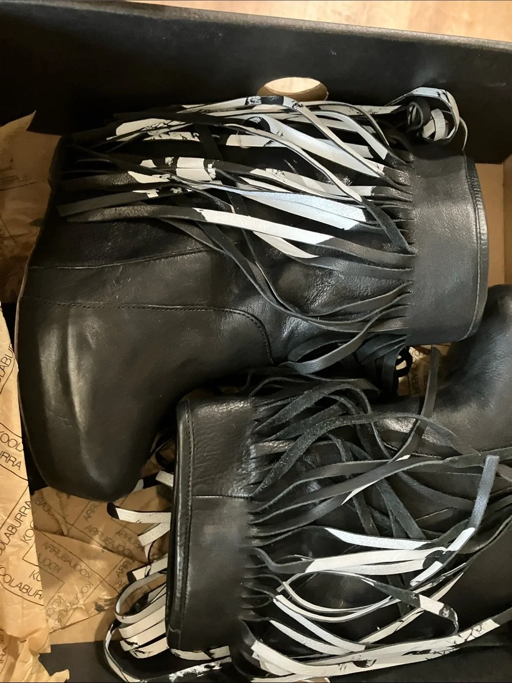 Koolaburra Black Leather Fringe Wedge Ankle Boots